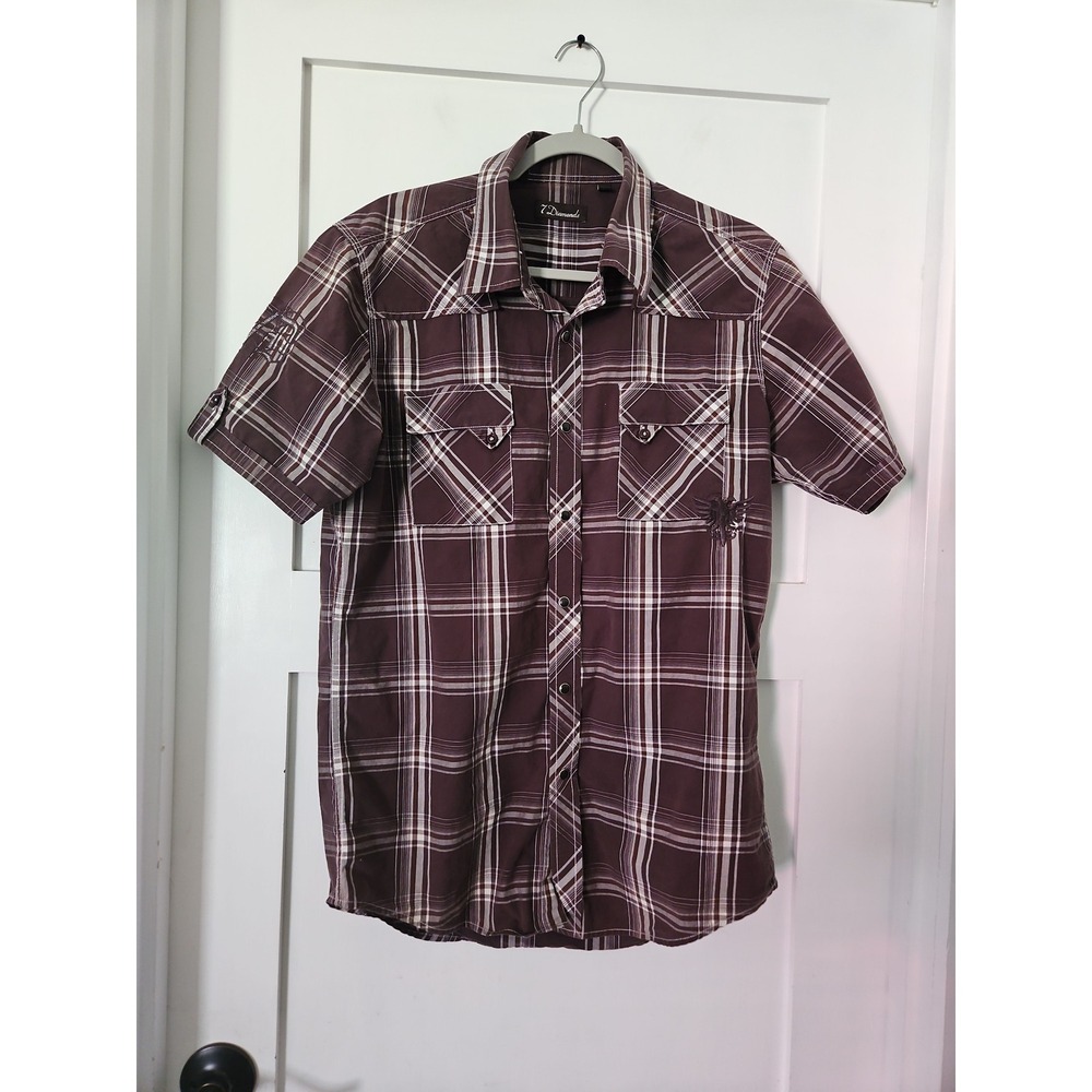 7 Diamonds Men's Size Large Brown Plaid Snap Up Short Sleeve Shirt Y2K Western